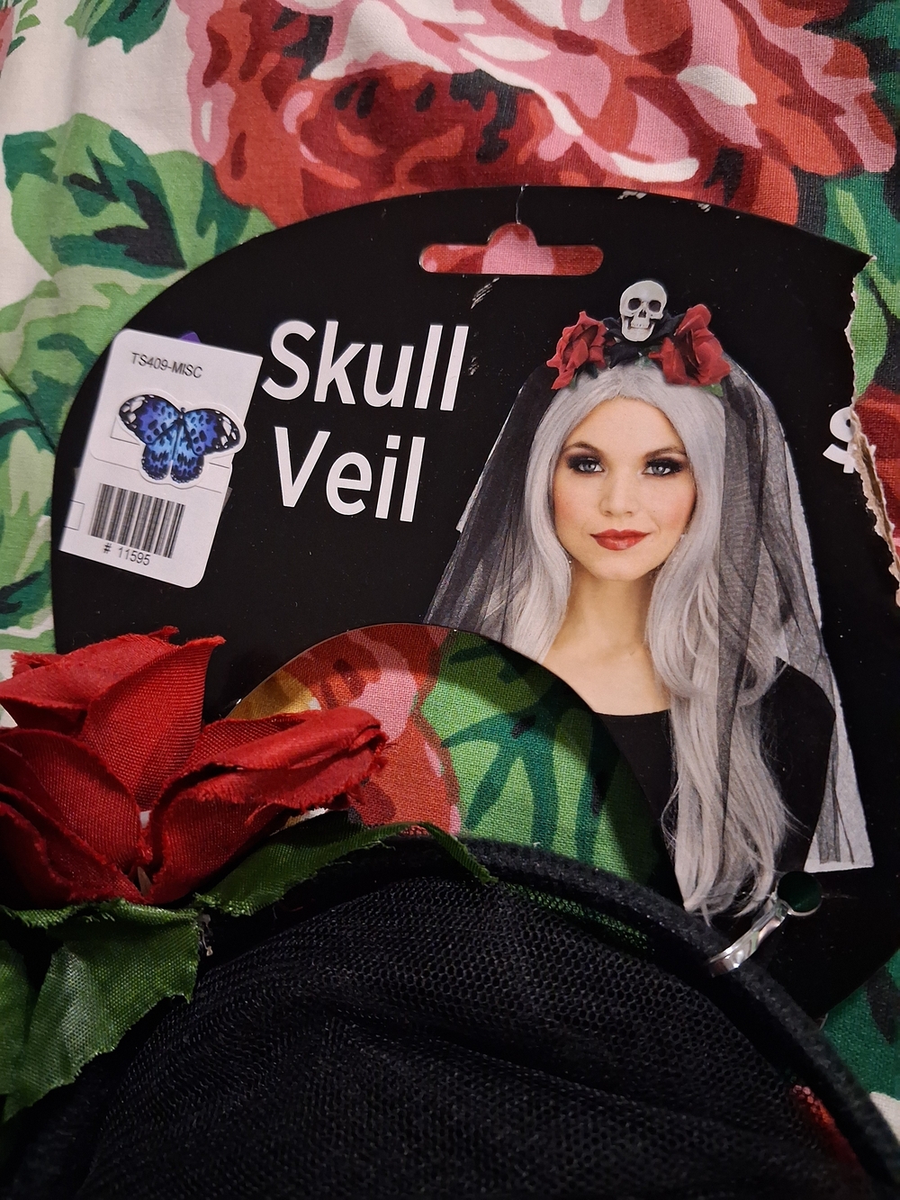 Skull Veil Headband with Red Roses and Black Veil - Costume Hair Accessory